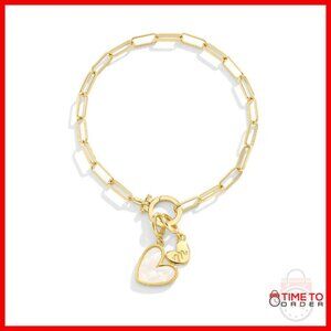18K Gold Plated Mother of Pearl Heart Initial Charm Bracelet Adjustable 7.5"